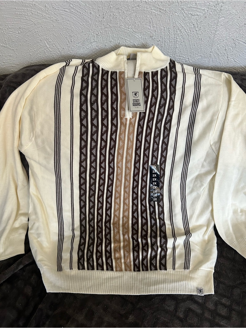 Stacy Adams Cream Zip-Up Sweater with Brown & Tan Vertical Pattern - Picture 5 of 5